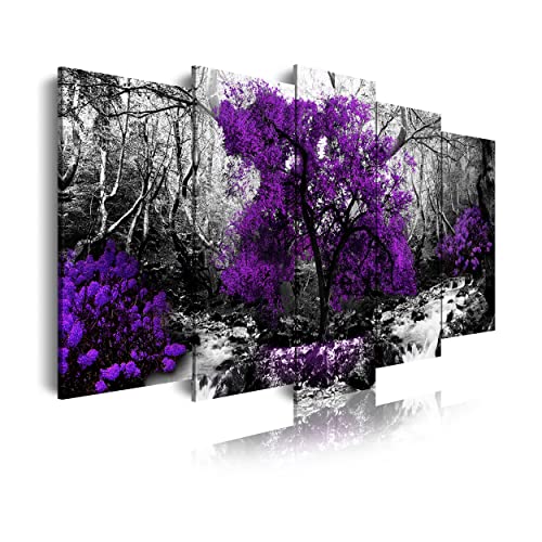DekoArte 289 - Modernes Bild, digitalisierter Kunstdruck | Dekoratives Bild für den Salon oder das Schlafzimer | Stil Natur schwarz, weiβ, lila, violette Bäume | 5 Teile 150x80 cm von DekoArte