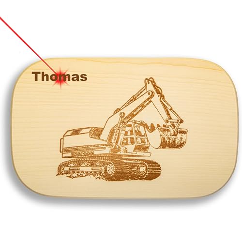 DEKOFANT Frühstücksbrettchen Kind groß Motiv Bagger 25x16x1,5cm eckig Ahorn personalisiert von DEKOFANT