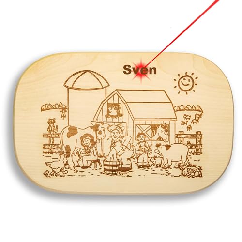 DEKOFANT Frühstücksbrettchen Kind groß Motiv Bauernhof Scheune 25x16x1,5cm eckig Ahorn personalisiert von DEKOFANT