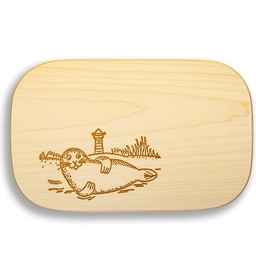 DEKOFANT Frühstücksbrettchen Kinder groß Motiv Robbe mit Leuchtturm 25x16x1,5cm eckig Ahorn von DEKOFANT