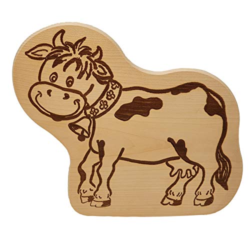 DEKOFANT Frühstücksbrettchen Kinder Holz Brett Motiv Kuh mit Glocke Frühstücksbrett Kinder ca 20x19x1cm von DEKOFANT