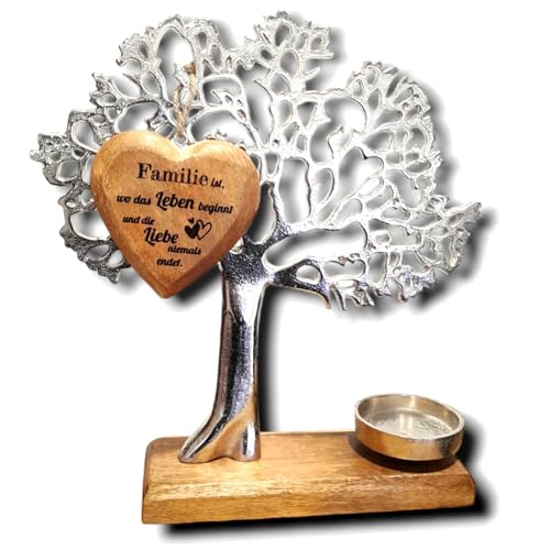 Personalisierter Kerzenhalter Lebensbaum mit graviertem Holzherz als Geschenk oder Dekoration von DEKOGURU