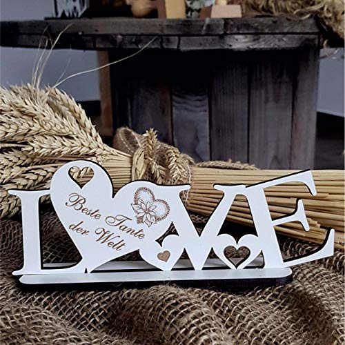 Dekoschild Deko Aufsteller BESTE TANTE DER WELT Textschild 20 x 8 LOVE Herzen Dekoaufsteller Schild Shabbyschild Schriftzug Gravur von DEKOLANDO