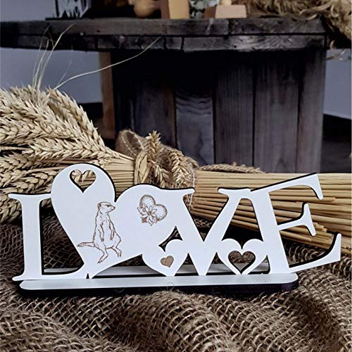 Deko Aufsteller LOVE mit Herzen und Motiv « ERDMÄNNCHEN 02 » Größe ca. 20 x 8 cm - Dekoration Schild Home Accessoires - Liebe Herz Tiere Zoo Surikate von DEKOLANDO