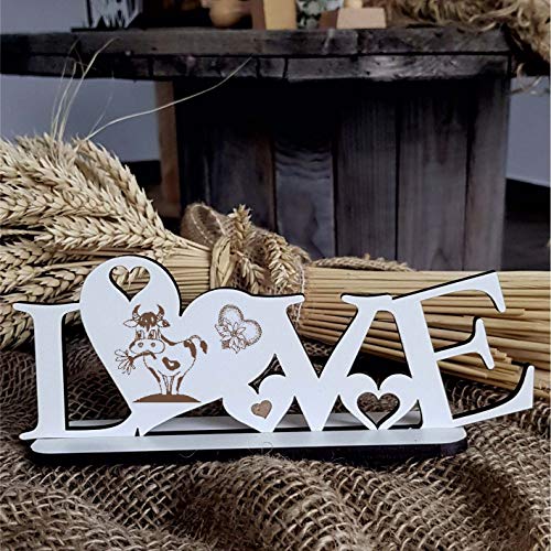 Deko Aufsteller LOVE mit Herzen und Motiv « KUH mit BLUME 03 » Größe ca. 20 x 8 cm - Dekoration Schild Home Accessoires - Liebe Herz Kühe Bauernhof Bauer von DEKOLANDO