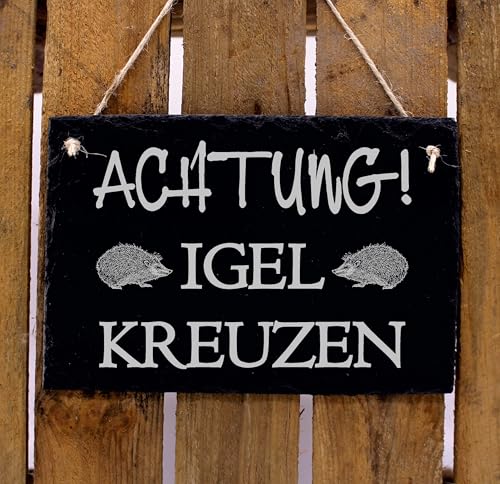 Dekolando Achtung Igel kreuzen - Schild aus Schiefer Schiefertafel graviert Igel Warnschild Gartenschild Türschild 22 x 16 cm von DEKOLANDO