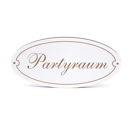 Dekolando Deko Türschild oval - Partyraum - Schild 15 x 7 cm - Schilder Türschilder Namensschilder Wohnung selbstklebend Holzschild Tür Holzschilder von DEKOLANDO