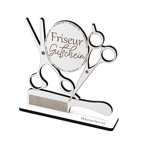 Geldgeschenk Friseur Friseurgutschein - inkl. Wunschtext Name - Kamm Schere Schild für Geld Gutschein Gutscheingeschenk Frisör - 16 x 16 cm von DEKOLANDO