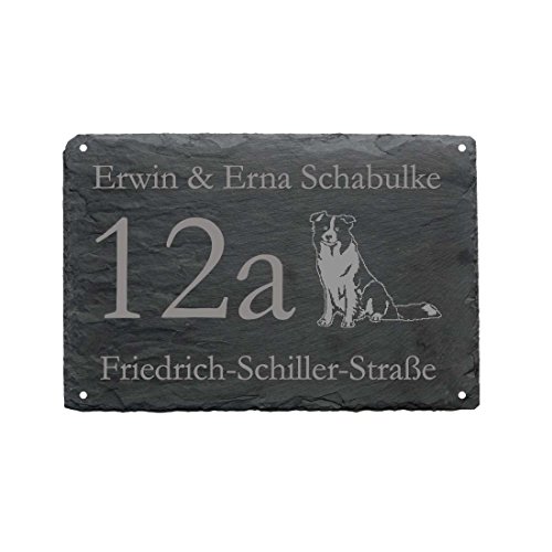 « HAUSNUMMER + STRASSE + NAME mit BORDER COLLIE » als SCHIEFERTAFEL individuell gefertigt Schieferschild Hund von DEKOLANDO