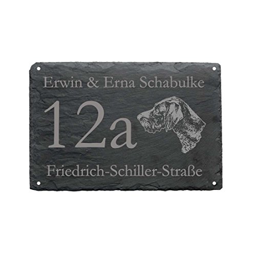 HAUSNUMMER + STRASSE + NAME mit DEUTSCH DRAHTHAAR als SCHIEFERTAFEL individuell gefertigt Schieferschild Hund von DEKOLANDO