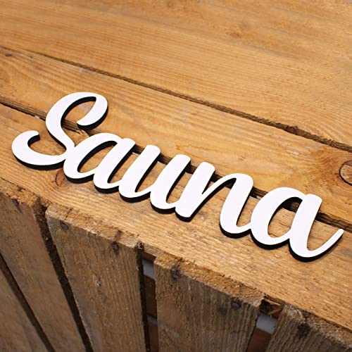 Sauna Türschild Schriftzug weiß Holz Schild zum Ankleben Türdeko Buchstaben Zimmer Saunaschild saunieren 24 x 9 cm von Dekolando