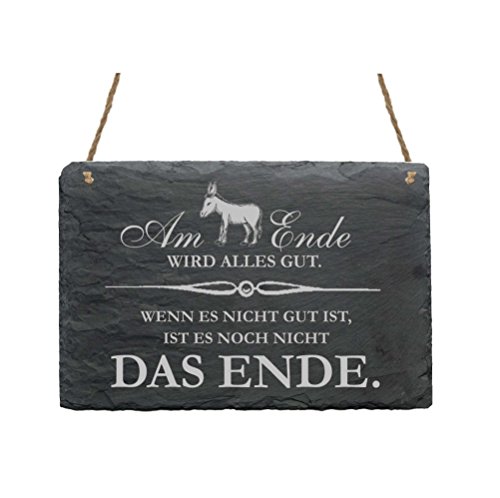 Schiefertafel « AM ENDE WIRD ALLES GUT - Esel » Schild mit Lebensweisheit - Größe ca. 22 x 16 cm - Spruch Türschild Wanddeko von DEKOLANDO