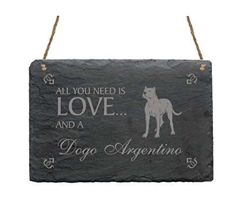 Schiefertafel « All You Need is LOVE and a DOGO ARGENTINO » Schild mit Hunde Motiv argentinische Dogge - Dekoration Dekoschild Türschild von DEKOLANDO