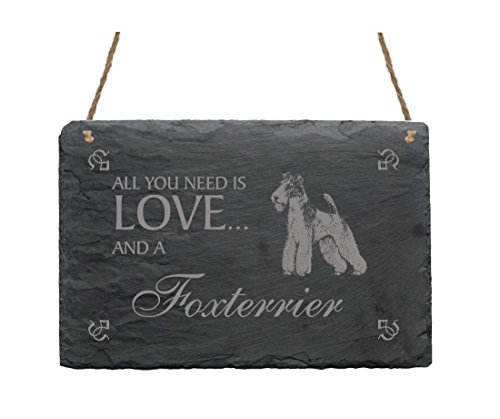 Schiefertafel « All You Need is LOVE and a FOXTERRIER » Wired Hair - Schild mit Hunde Motiv - Dekoration Dekoschild Türschild von DEKOLANDO