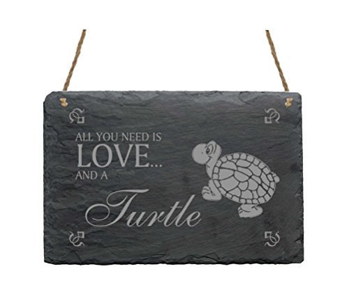 Schiefertafel « All you need is LOVE and a TURTLE » Schild mit niedlicher Schildkröte - Größe ca. 22 x 16 cm - Dekoschild Türschild Dekoration Geschenk - Schildkröten von DEKOLANDO