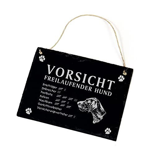 Deutsch Drahthaar Schild Schiefer Gravur - Vorsicht Freilaufender Hund - Türschild 22x16cm | Dekolando von DEKOLANDO