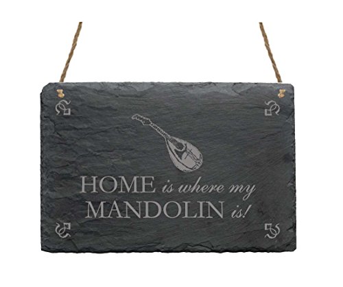 Schiefertafel « HOME IS WHERE MY MANDOLIN IS » Schild mit Motiv Mandoline - Größe ca. 22 x 16 cm - Dekoschild Türschild - Musik Instrument Orchester von DEKOLANDO