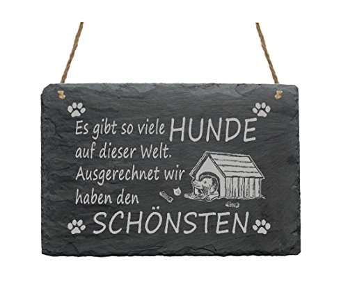 Schiefertafel « HUND IN HUNDEHÜTTE » mit wetterfester Gravur - Ideal als Geschenk für Hundefreunde (30 x 20 x 0,5 cm) von DEKOLANDO