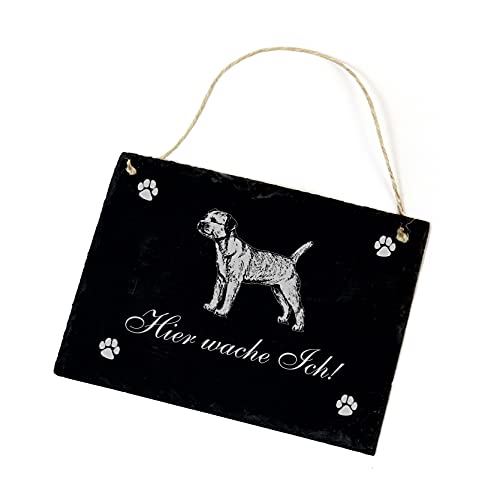 Border Terrier Schiefertafel graviert - Hier wache Ich! - Schiefer Schild Hund mit Spruch 22x16cm | Dekolando von DEKOLANDO