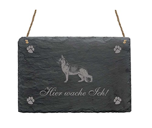 Schiefertafel « Hier wache ich - DEUTSCHER SCHÄFERHUND » Schild mit Hunde Motiv - für Heim Haus Garten Terrasse Tür Tor Haustür - Dekoschild Dekoration Türschild von DEKOLANDO