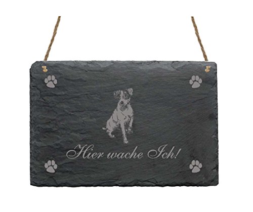 Schiefertafel « Hier wache ich - JACK RUSSELL TERRIER » Schild mit Hunde Motiv - für Heim Haus Garten Terrasse Haustür Tor Tür - Dekoschild Dekoration Türschild von DEKOLANDO