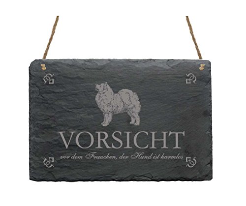 Schiefertafel Samojede « VORSICHT VOR DEM FRAUCHEN DER HUND IST HARMLOS » Schild mit Hunde Motiv - Geschenk Dekoration Dekoschild Türschild von DEKOLANDO