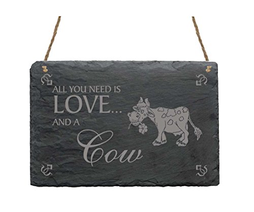 Schiefertafel « All you need is LOVE and a COW » Schild mit Motiv Kuh mit Blume - Größe ca. 22 x 16 cm - Bauernhof Haus Garten - Dekoration von DEKOLANDO