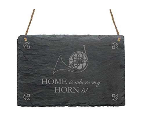 Schiefertafel « HOME IS WHERE MY HORN IS » Schild mit Jagdhorn - ca. 22 x 16 cm - Dekoschild - Musik Waldhorn Posthorn von DEKOLANDO