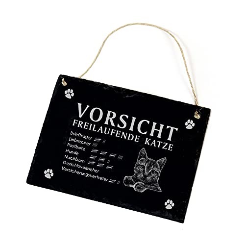 Katzen Schild Schiefertafel graviert - Vorsicht Freilaufende Katze - Türschild Warnschild 22x16cm | Dekolando von DEKOLANDO