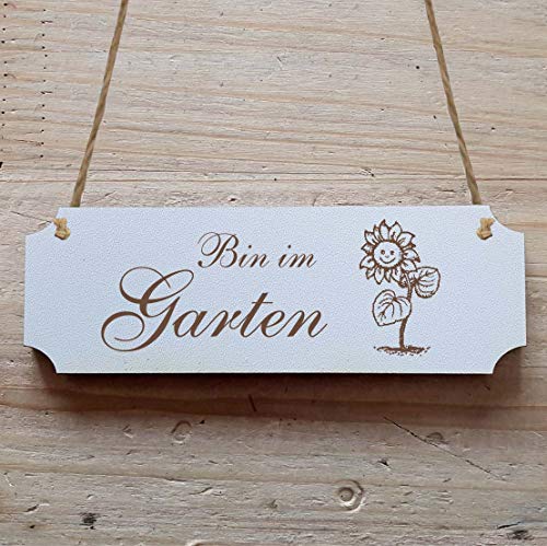 Schild « BIN IM GARTEN » 15 x 5 cm - Mit Motiv - Dekoschild Holzschild Türschild - Gärtner Florist von DEKOLANDO