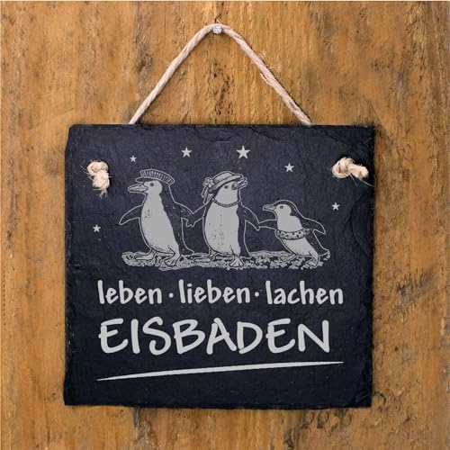 Schild Eisbader graviert - Leben Lieben Lachen Eisbaden - Türschild Pinguine Schiefer Winterdeko 11 x 11 cm von DEKOLANDO