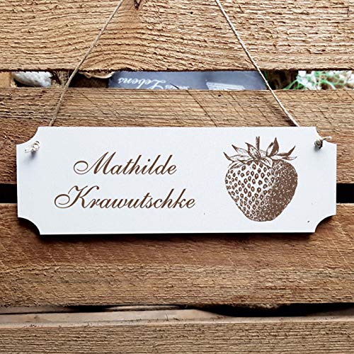 Schild « Erdbeere » Türschild mit persönlicher Wunschgravur und Motiv - Größe ca. 20 x 6,7 x 0,5 cm - Shabby Dekoration Namensschild Name - Sommer Frucht von DEKOLANDO