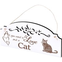 Schild Hauskatze Deko 20x10cm - All You Need Is Love & A Cat Holz Wanddeko Dekoration Türschild Ornamente Türdeko Geschenk Katze von DEKOLANDO