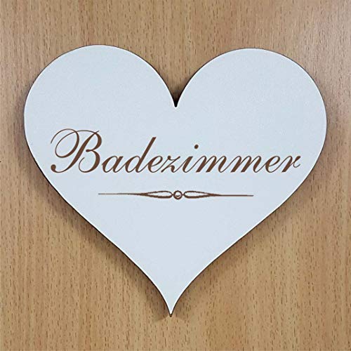 BADEZIMMER Herz SCHILD ca. 13 x 12 cm - selbstklebendes Bad Türschild von DEKOLANDO