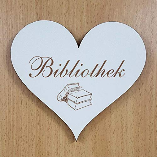 Schild Herz « BIBLIOTHEK » ca. 13 x 12 cm - mit Motiv BÜCHER - selbstklebendes Türschild Dekoschild Wohnaccessoires - Bücherei von DEKOLANDO