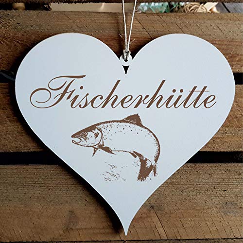 Schild Herz « FISCHERHÜTTE » ca. 13 x 12 cm - mit Motiv FISCH - Türschild Dekoschild Geschenk - Fischer Angler Fischerei Hütte Schild Herz « FISCHERHÜTTE » ca. 13 x 12 cm - mit Motiv FISCH - Türschild Dekoschild Geschenk - Fischer Angler Fischerei Hütte von DEKOLANDO