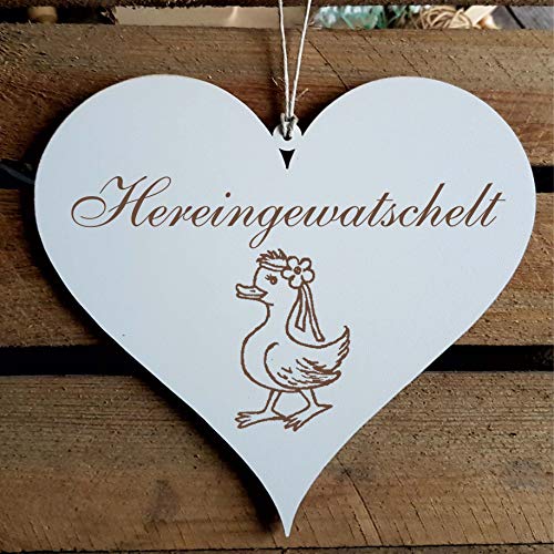 Schild Herz « HEREINGEWATSCHELT » ca. 13 x 12 cm - mit Motiv ENTE - Türschild Dekoschild Geschenk - Enten Schild Herz « HEREINGEWATSCHELT » ca. 13 x 12 cm - mit Motiv ENTE - Türschild Dekoschild Geschenk - Enten von DEKOLANDO