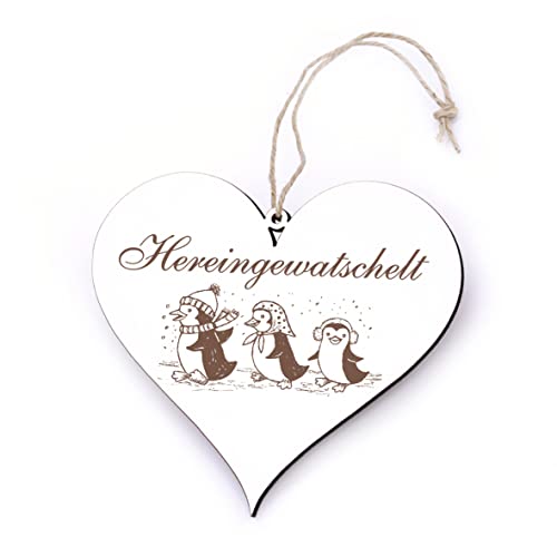 Schild Herz Hereingewatschelt mit Motiv Winter Pinguin Familie - Türschild Dekoschild Wandschild Türdeko 13x12 cm von DEKOLANDO