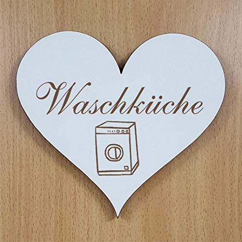 Schild Herz « WASCHKÜCHE » ca. 13 x 12 cm - mit Motiv WASCHMASCHINE - selbstklebendes Türschild Dekoschild Wohnaccessoires - Haushalt Wäscheraum von DEKOLANDO