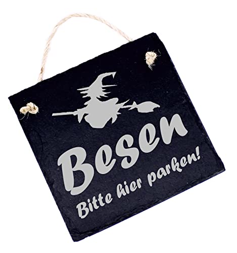 Schild Hexenbesen Hexe - Besen, Bitte hier parken! - Deko Hexe Halloween Türschild aus Schiefer Halloween 11 x 11 cm von DEKOLANDO