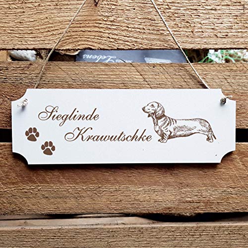 Schild Hund « Dackel Kurzhaar » Türschild mit persönlicher Wunschgravur und Motiv - Größe ca. 20 x 6,7 x 0,5 cm - Shabby Dekoration Namensschild Name - Hunde Kurzhaardackel von DEKOLANDO
