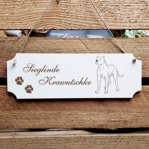 Schild Hund « Dogo Argentino » Türschild mit persönlicher Wunschgravur und Motiv - Größe ca. 20 x 6,7 x 0,5 cm - Shabby Dekoration Namensschild Name - Hunde Argentinische Dogge von DEKOLANDO