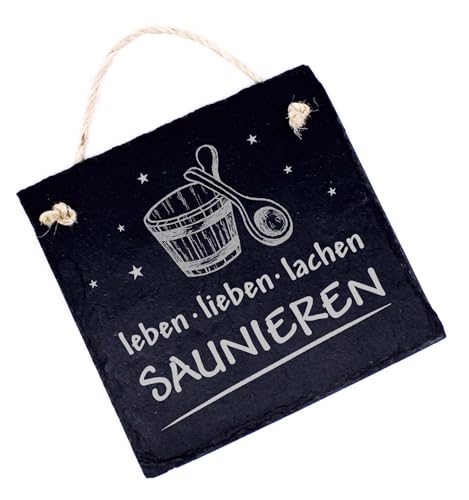 Schild Sauna graviert - Leben Lieben Lachen Saunieren - Türschild Saunagang Schiefer Saunadeko Saunaschild 11 x 11 cm von DEKOLANDO