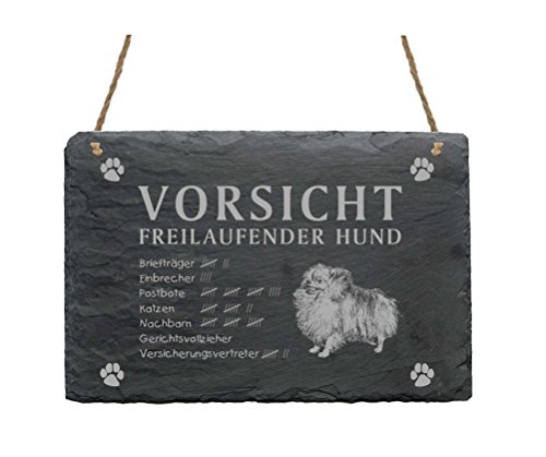 Schild Schiefer Spruch Pomeranian Spitz Vorsicht Freilaufender Hund 22 x 16 cm von DEKOLANDO