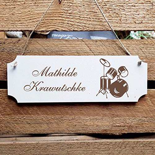 Schild « Schlagzeug » Türschild mit persönlicher Wunschgravur und Motiv - Größe ca. 20 x 6,7 x 0,5 cm - Shabby Dekoration Namensschild Name - Instrument Drums Drummer von DEKOLANDO