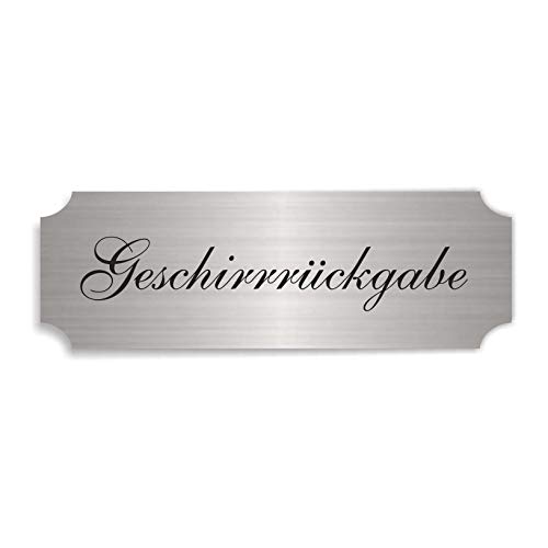 Silberfarbenes Schild GESCHIRRRÜCKGABE - ca. 15 x 5 cm - selbstklebend wetterfest von DEKOLANDO