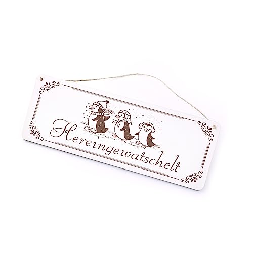 Schild mit Gravur Hereingewatschelt Winter Pinguin Familie - Türschild Willkommen Vintage Ornament Dekoschild Deko - 20 x 7,5 cm von DEKOLANDO