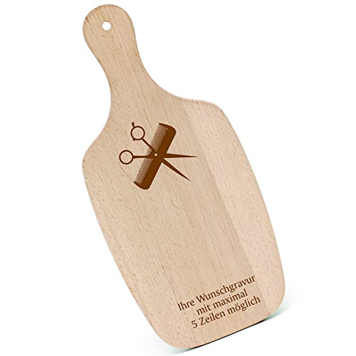 Schneidebrett Frühstücksbrettchen Gravur personalisiert - Friseur Schere und Kamm - mit Griff 330x150 Holzbrett Holz Küche Schneidbrett von dekolando