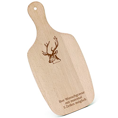 Schneidebrett Frühstücksbrettchen Gravur personalisiert - Hirsch Kopf - mit Griff 330x150 Holzbrett Holz Küche Schneidbrett von dekolando