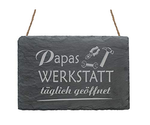 Wetterfeste Schiefertafel « PAPAS WERKSTATT - täglich geöffnet » Motiv Werkzeug - Schild von DEKOLANDO